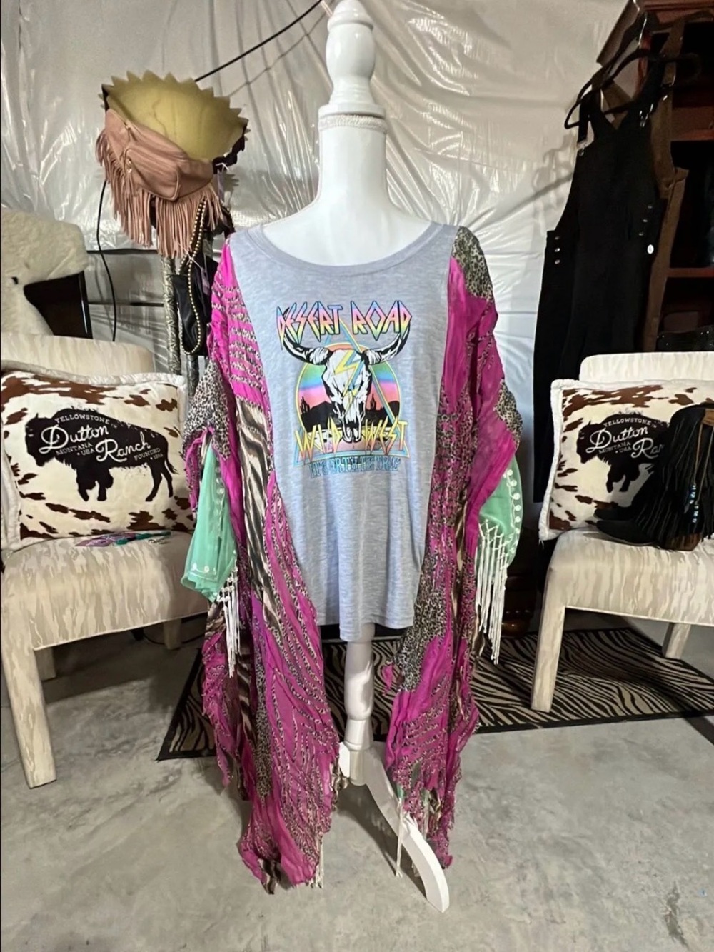 Boho Fringe Open Kimono in Magenta with Mint Trim